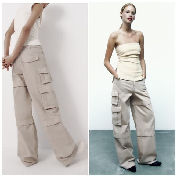 Zara * Cargo Pants Trousers Wide Beige - Picture 5 of 15